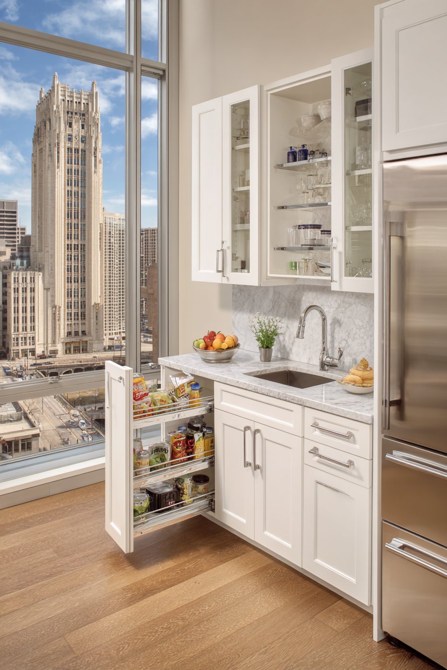Bright White Kitchen with Glass-Front Upper Cabinets