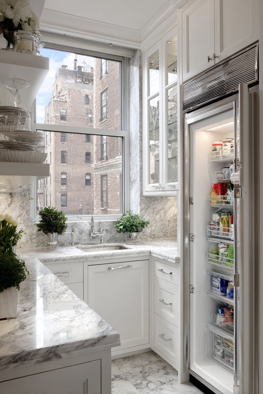 Bright White Kitchen with Glass-Front Upper Cabinets