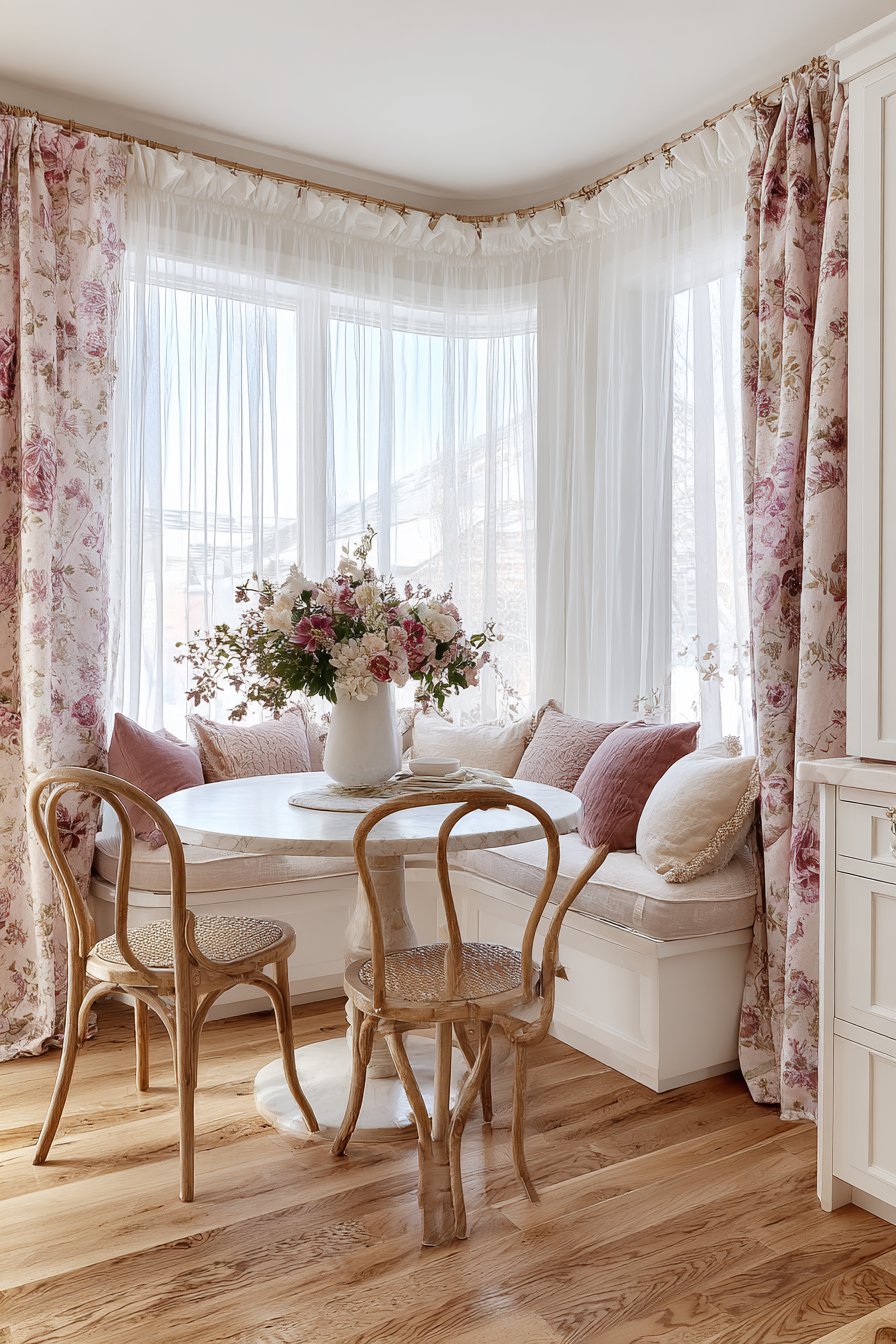 Cozy Breakfast Nook with Rose-Printed Linen