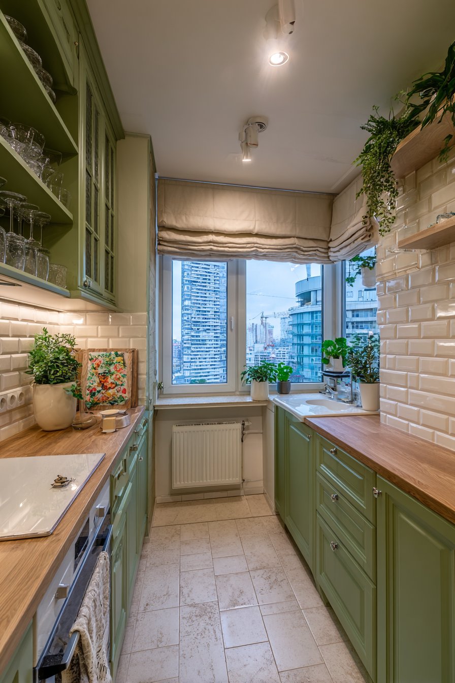 Compact Olive Green Kitchen with Vertical Storage