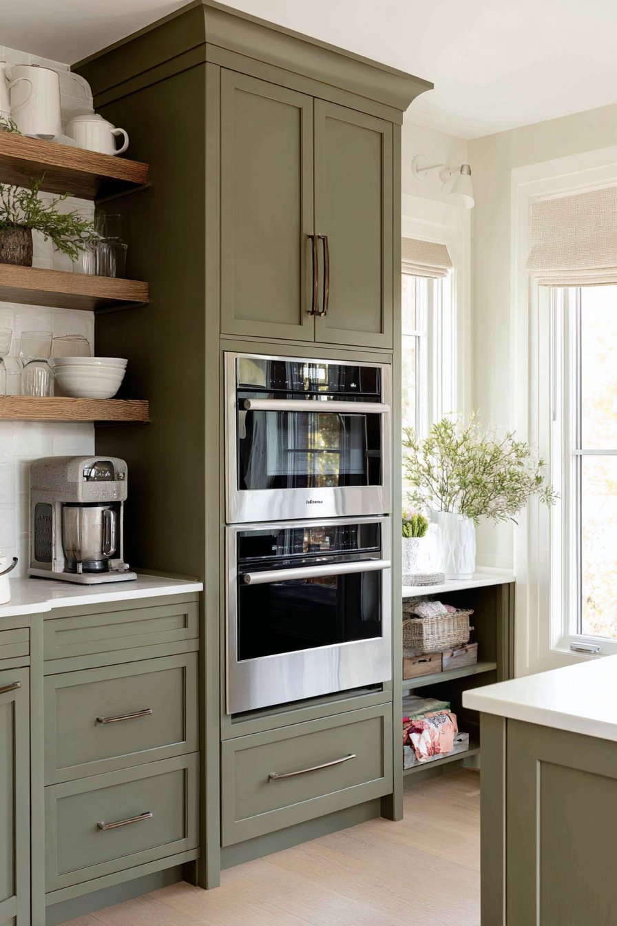 Compact Olive Green Kitchen with Vertical Storage