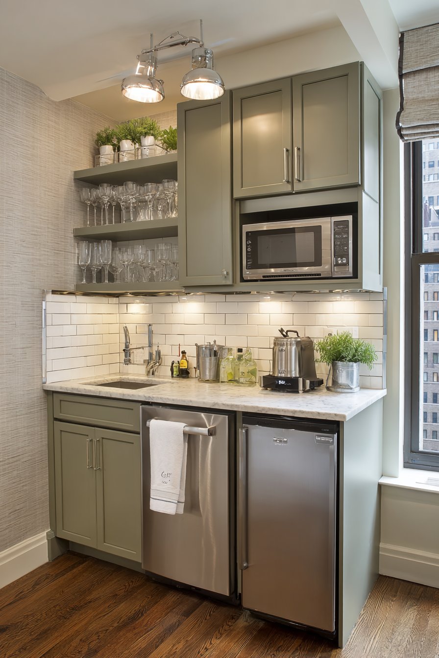 Compact Olive Green Kitchen with Vertical Storage