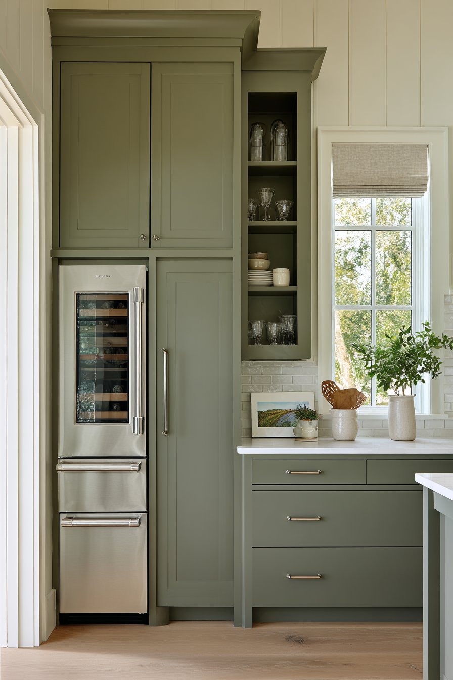 Compact Olive Green Kitchen with Vertical Storage