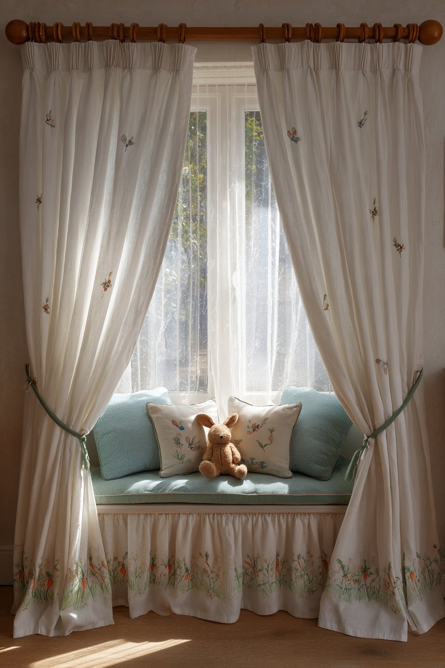 Window Treatment with Embroidered Garden Details