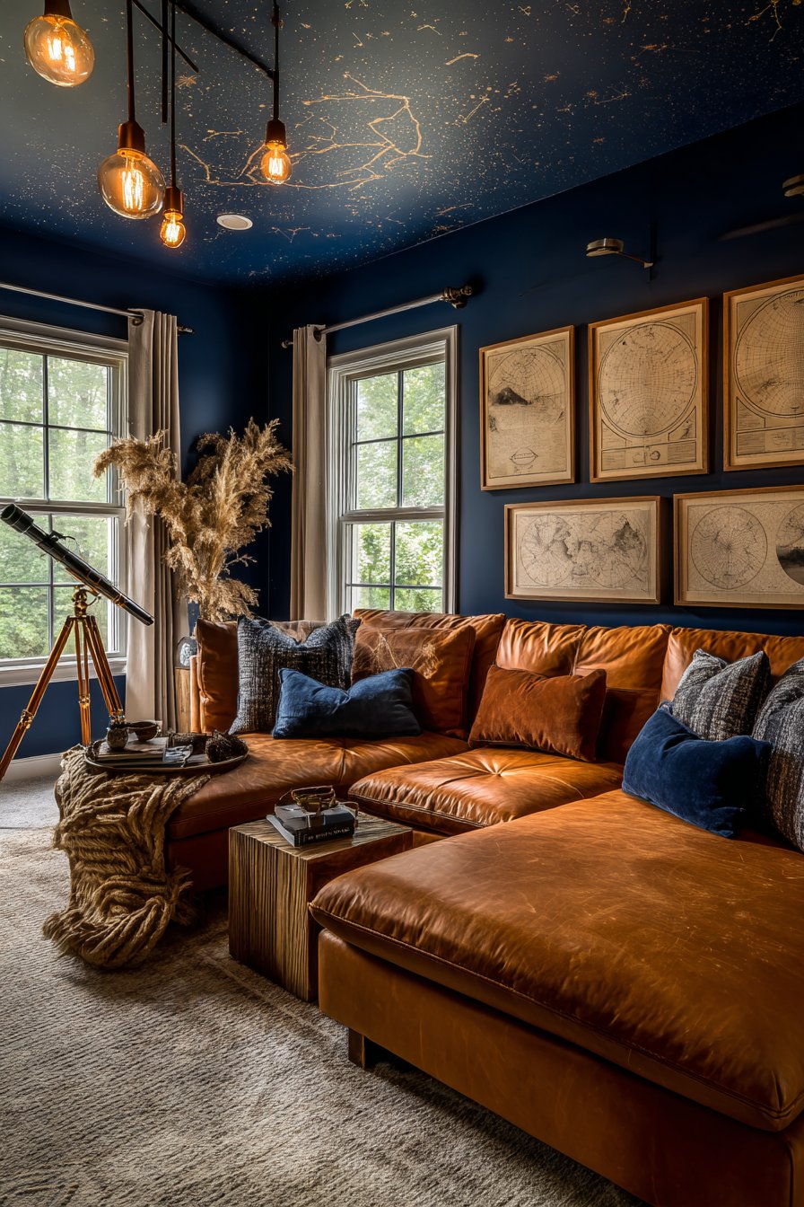 Navy Constellation Ceiling with Astronomical Theme