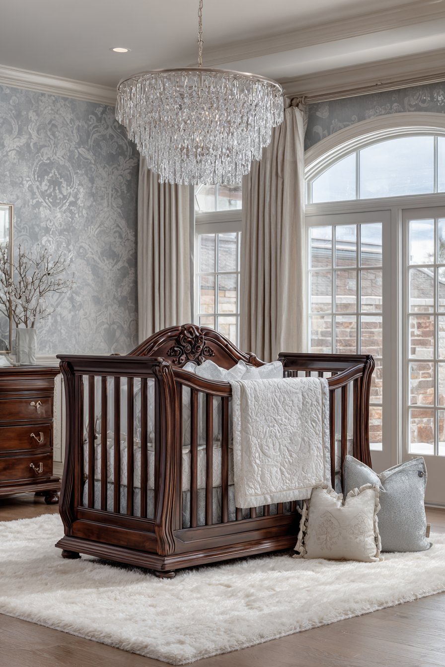 Hand-Carved Walnut Crib with Crystal Chandelier