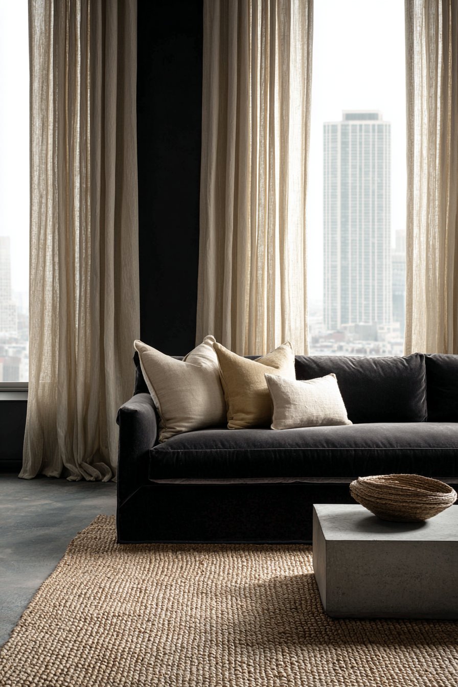 Charcoal Velvet Sophistication with Concrete Accents