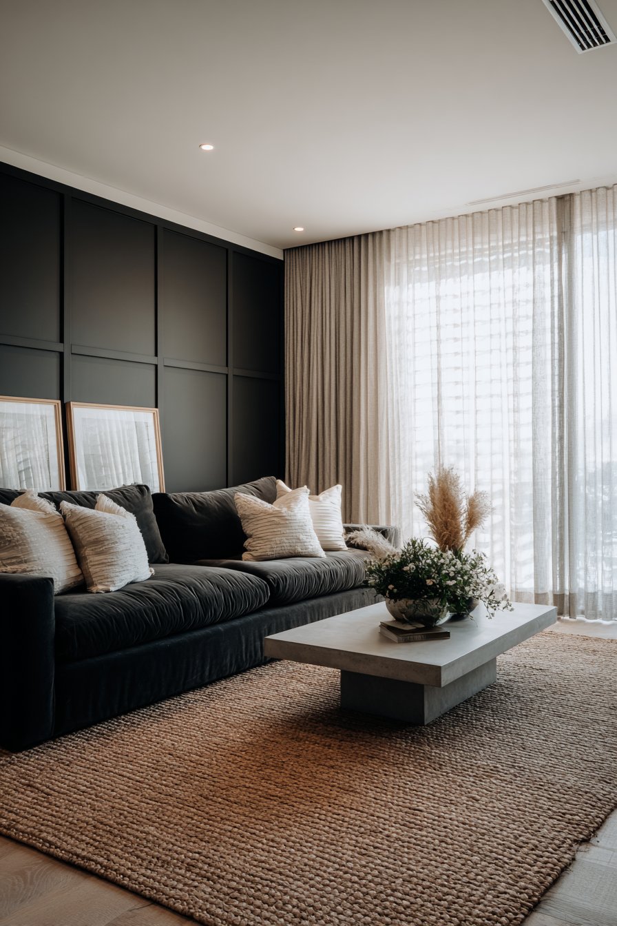 Charcoal Velvet Sophistication with Concrete Accents