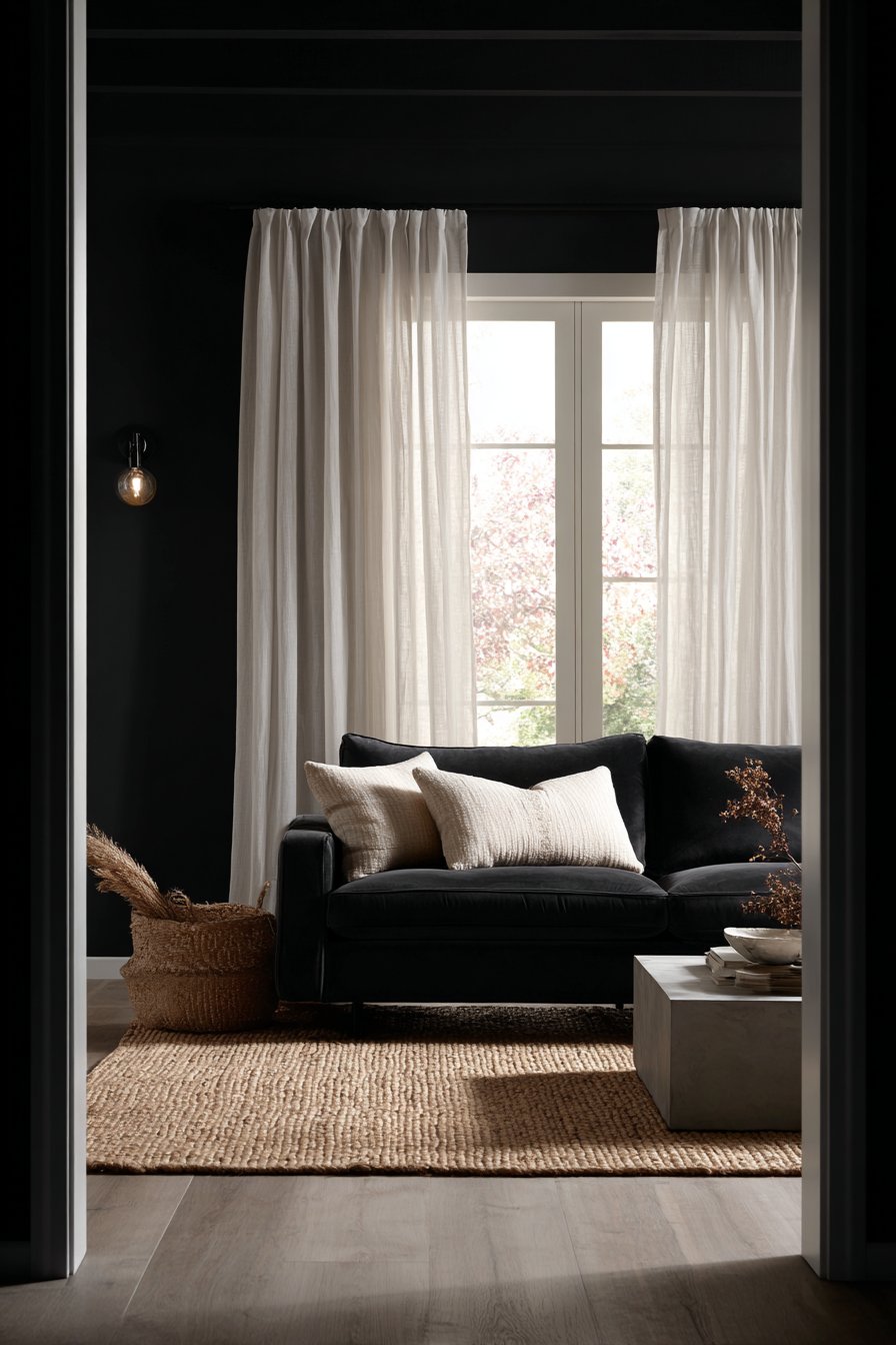 Charcoal Velvet Sophistication with Concrete Accents