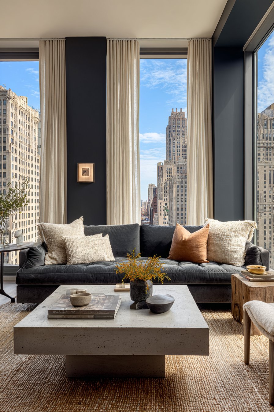 Charcoal Velvet Sophistication with Concrete Accents