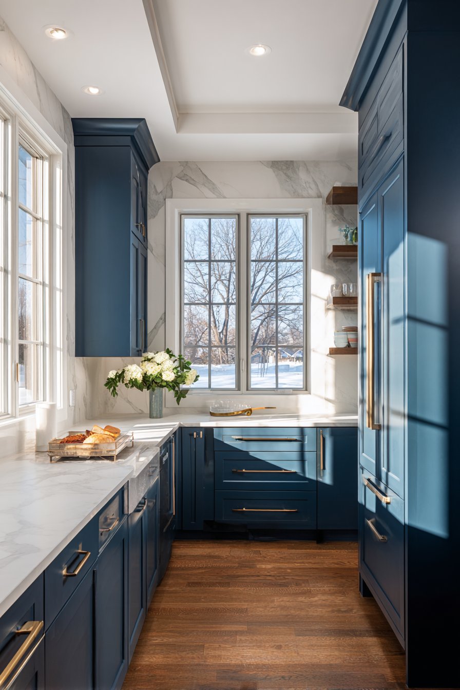 Modern Navy Shaker Kitchen with Brass Accents
