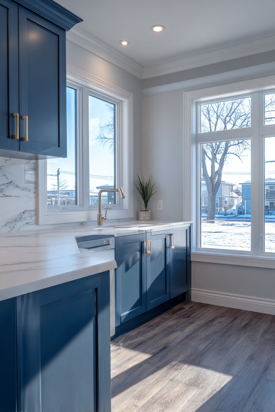Modern Navy Shaker Kitchen with Brass Accents
