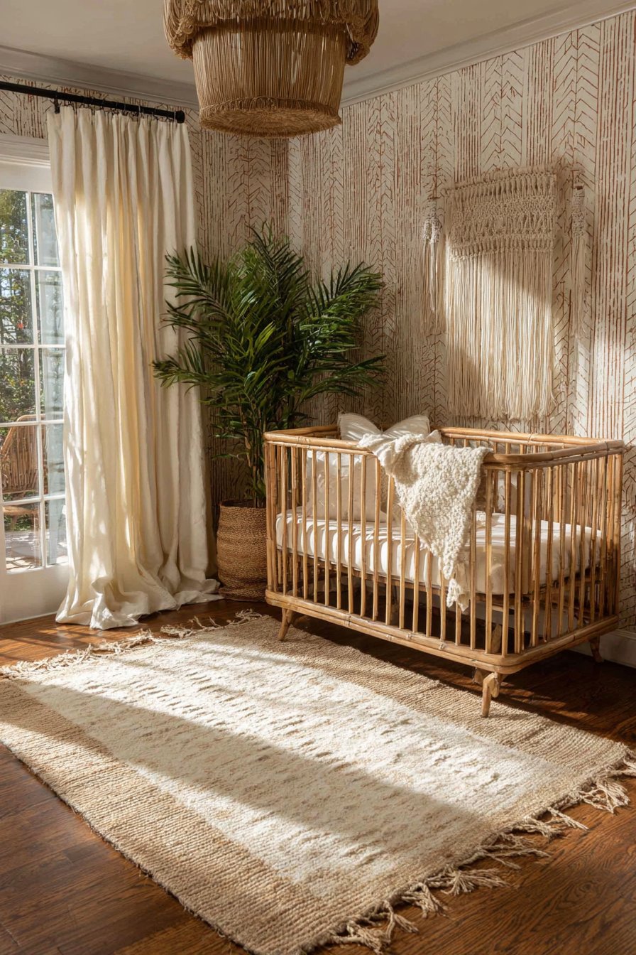 Natural Rattan Crib with Textured Accent Wall