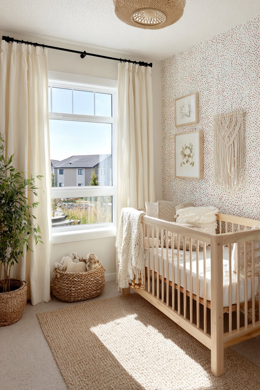 Natural Rattan Crib with Textured Accent Wall