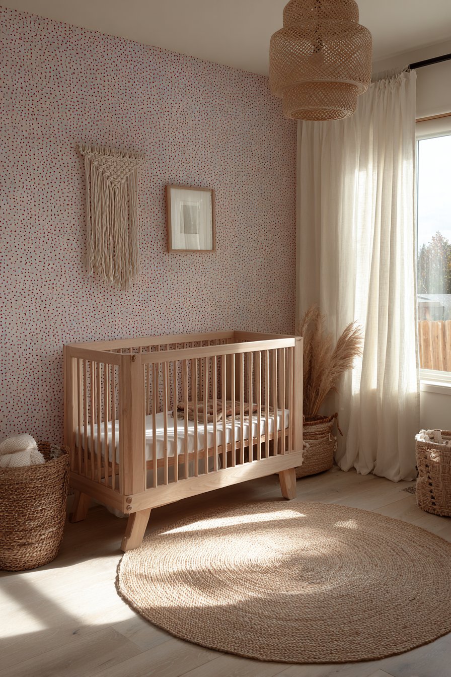 Natural Rattan Crib with Textured Accent Wall