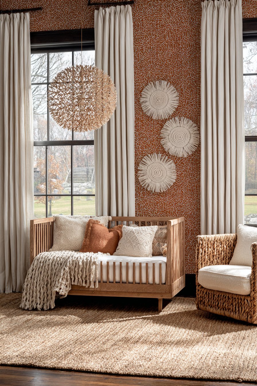 Natural Rattan Crib with Textured Accent Wall