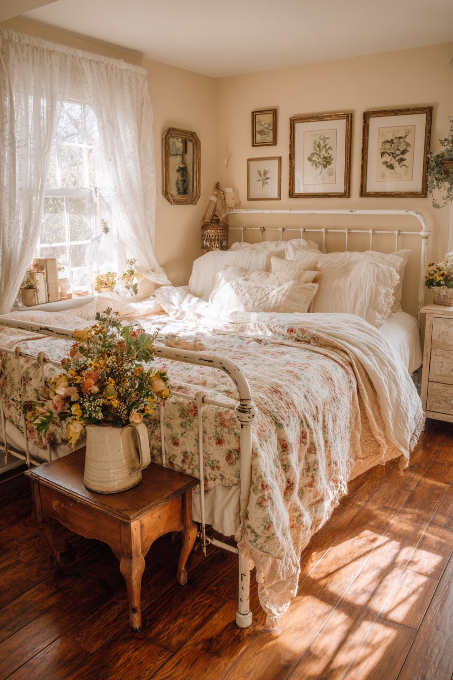 Antique White Iron Bed with Vintage Florals