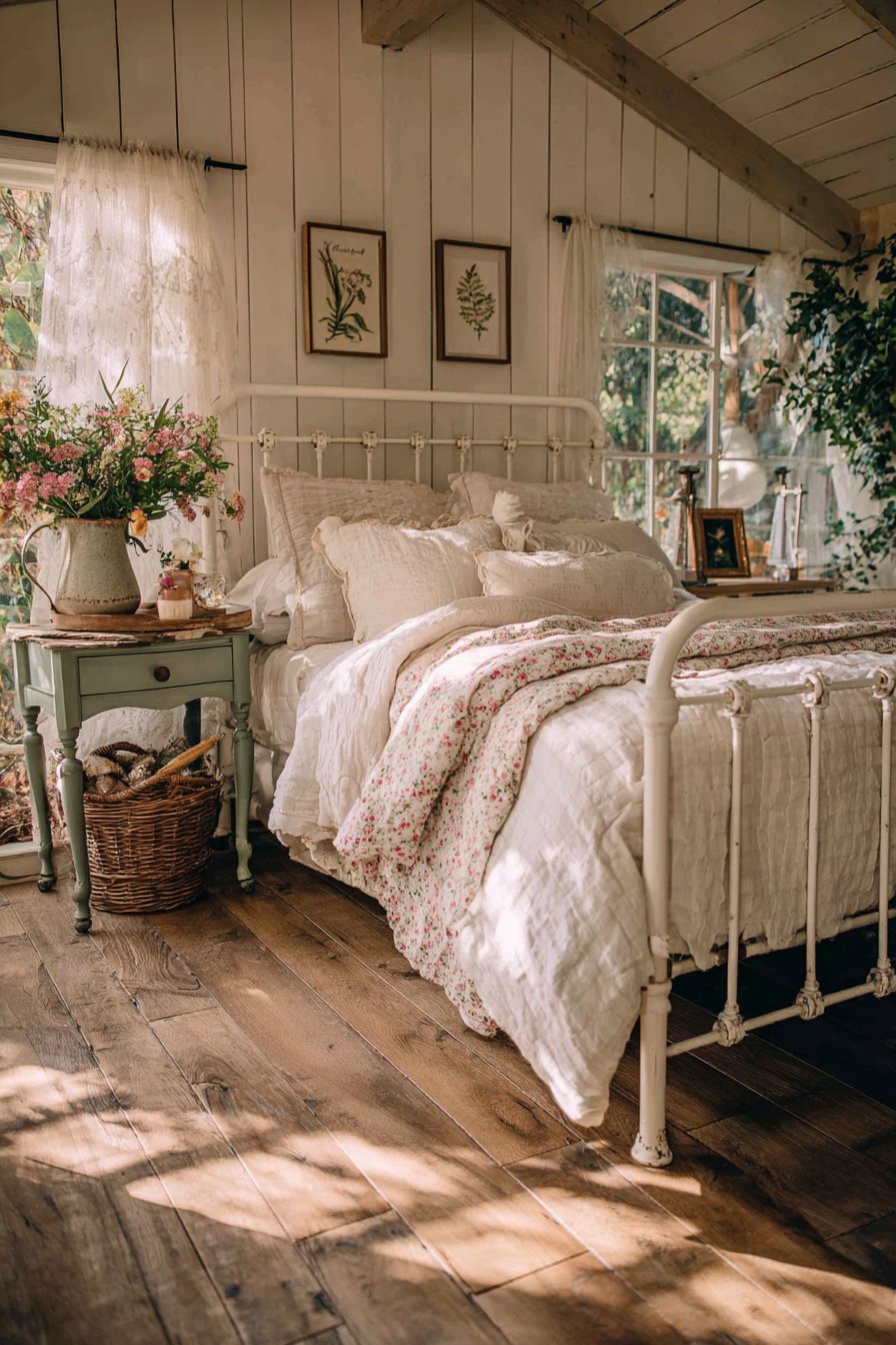 Antique White Iron Bed with Vintage Florals