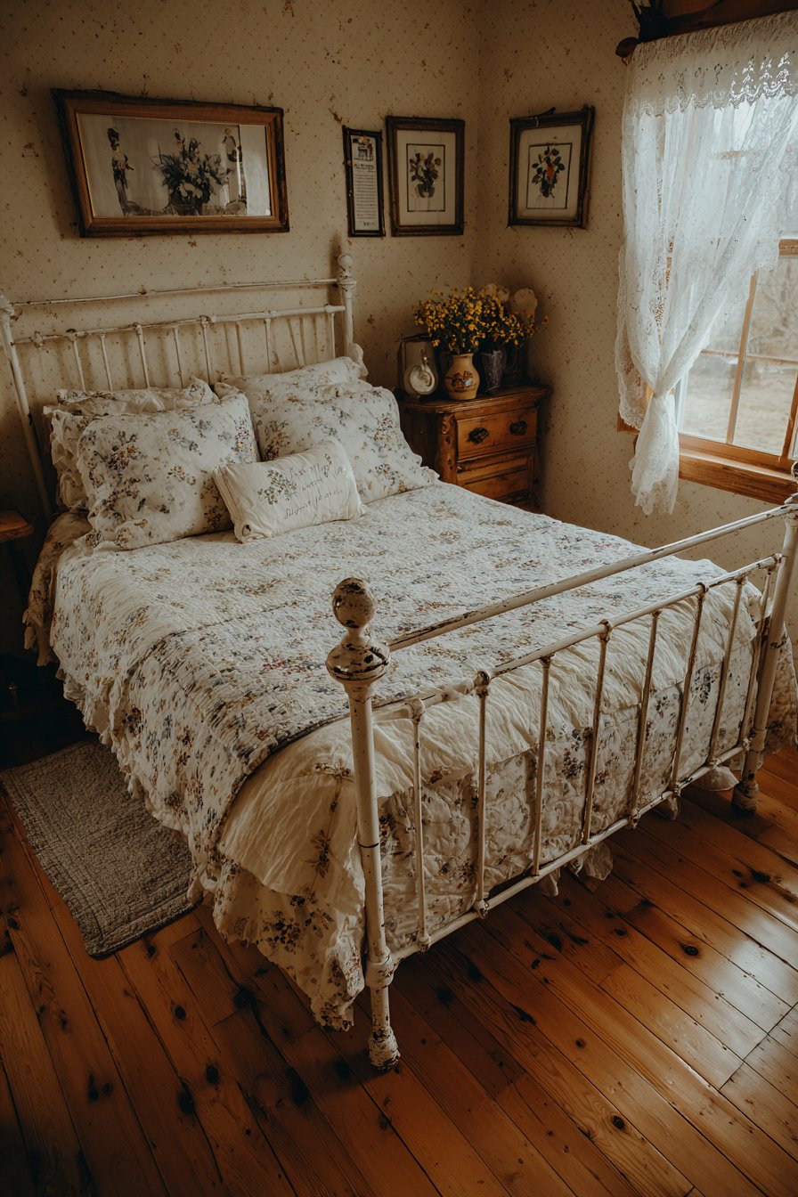 Antique White Iron Bed with Vintage Florals