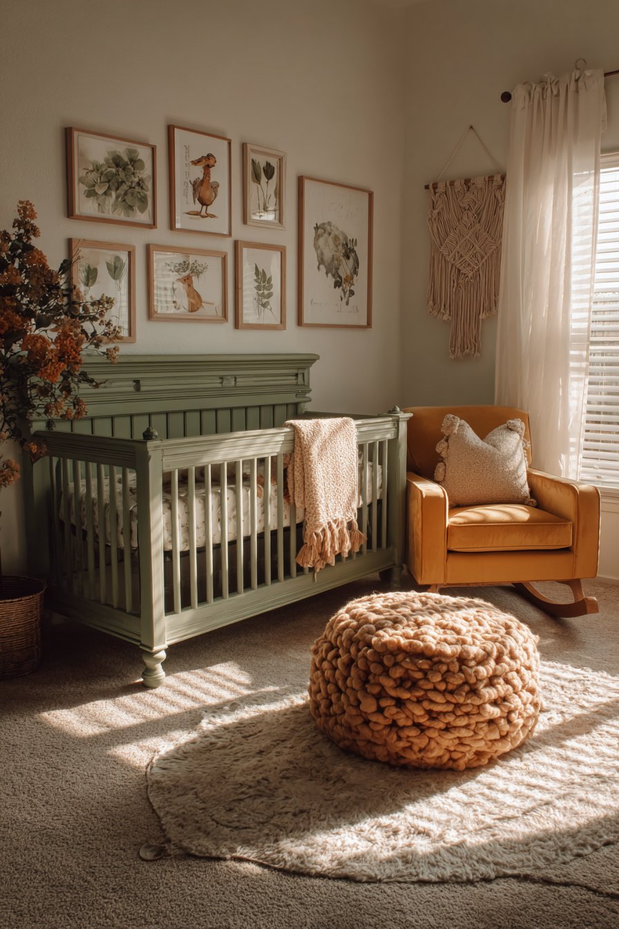 Sage Green Vintage Crib with Gallery Wall