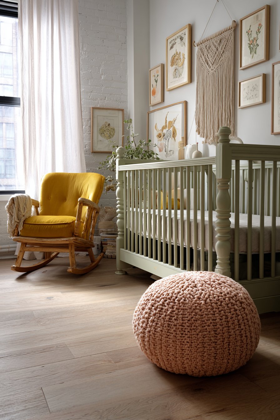 Sage Green Vintage Crib with Gallery Wall