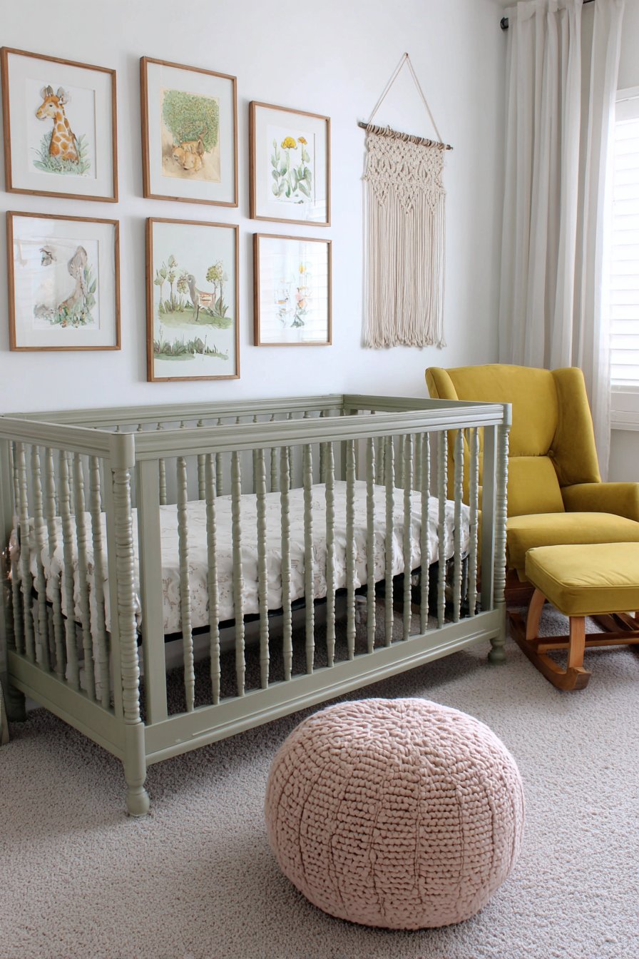 Sage Green Vintage Crib with Gallery Wall