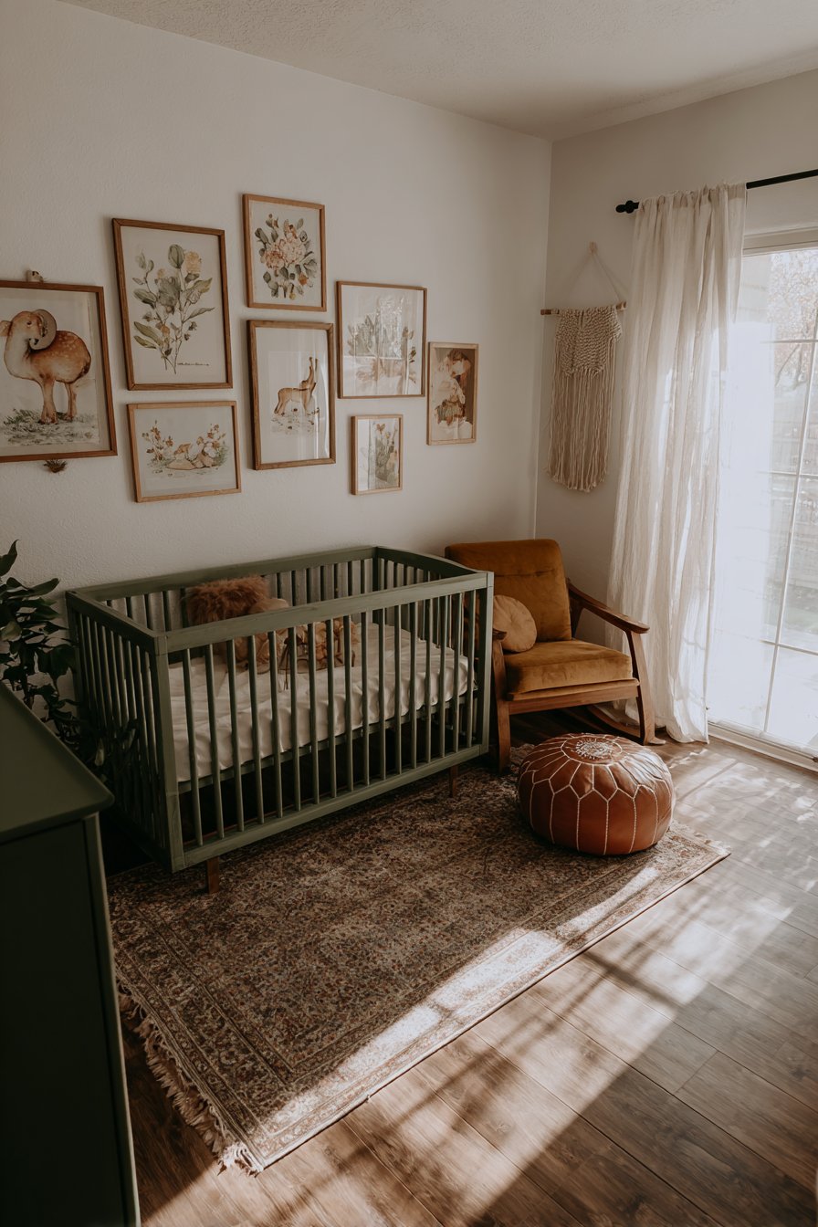 Sage Green Vintage Crib with Gallery Wall