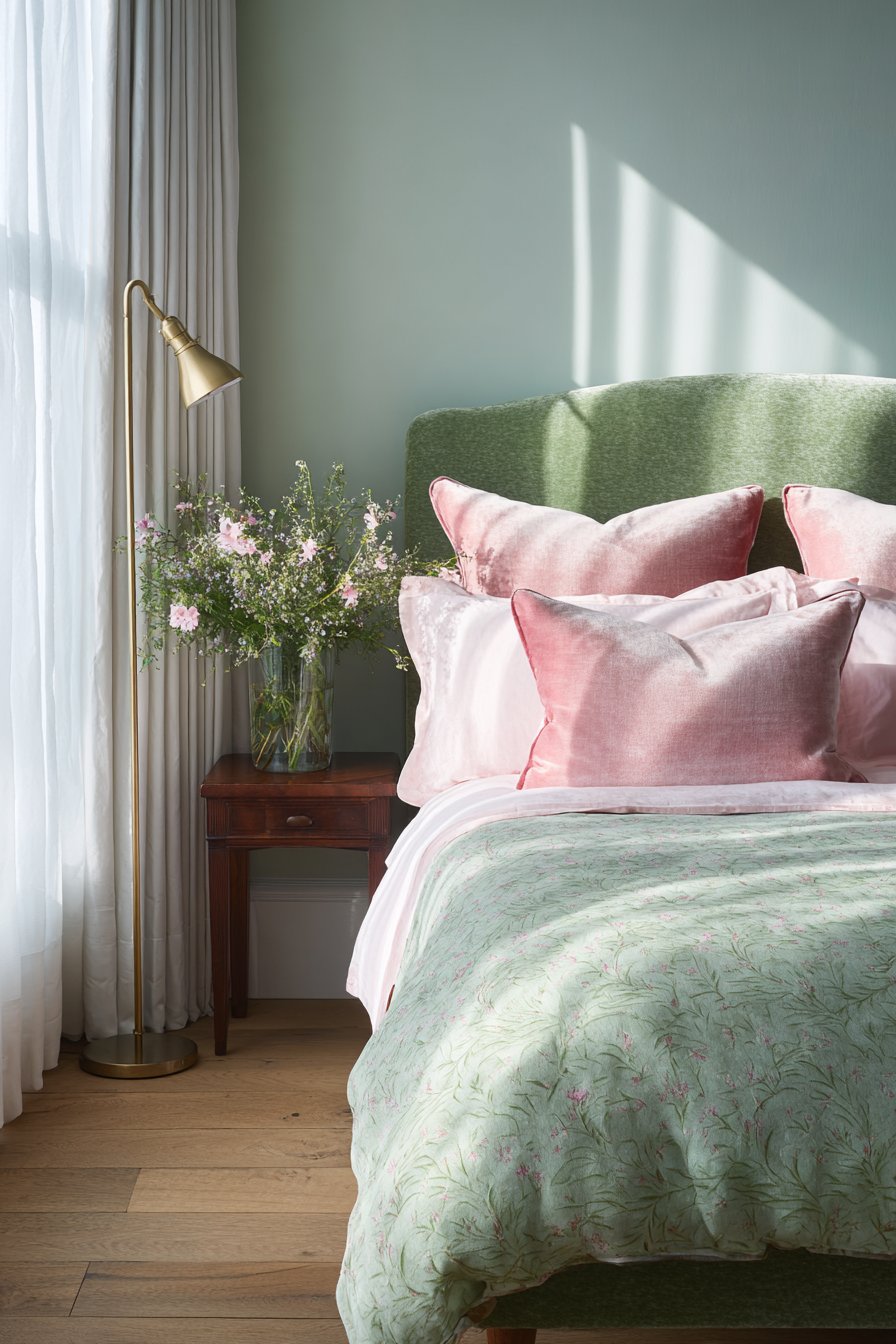 Sage Green Upholstered Elegance with Blush Accents