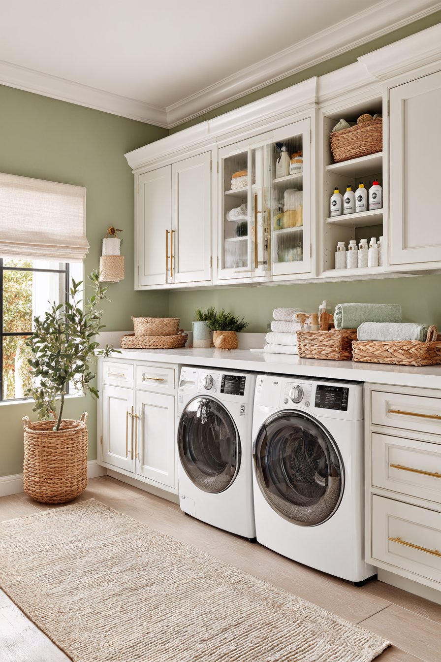 Soft Sage Green with White Cabinetry