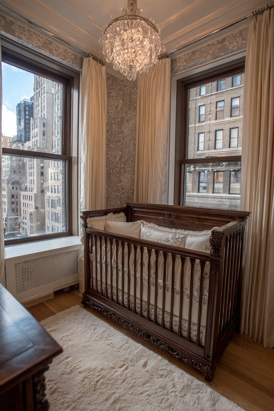 Hand-Carved Walnut Crib with Crystal Chandelier
