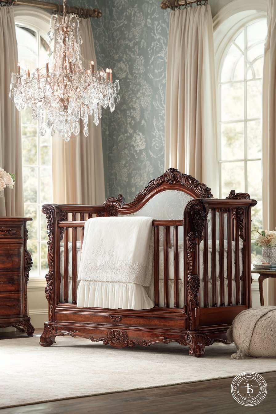 Hand-Carved Walnut Crib with Crystal Chandelier