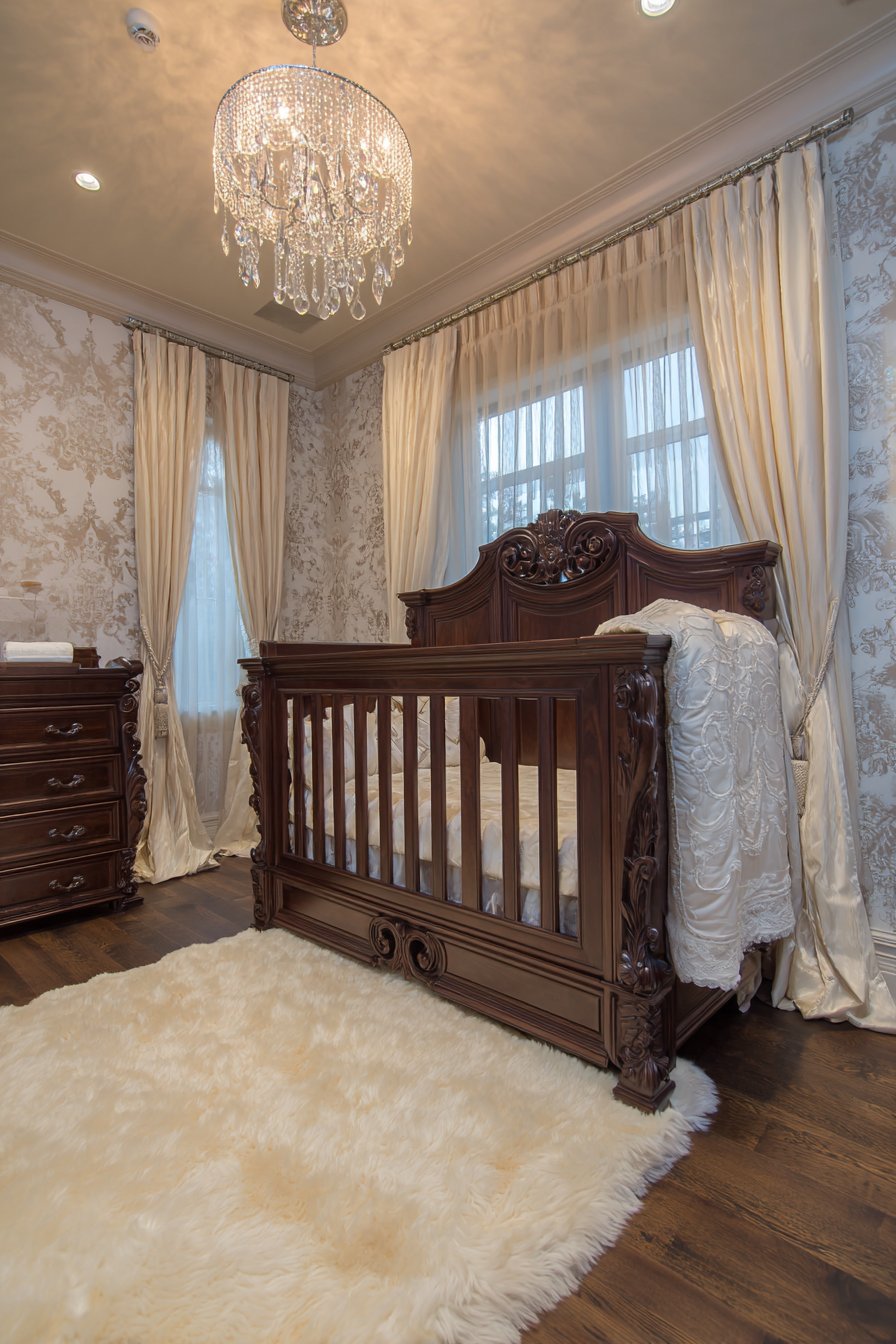 Hand-Carved Walnut Crib with Crystal Chandelier