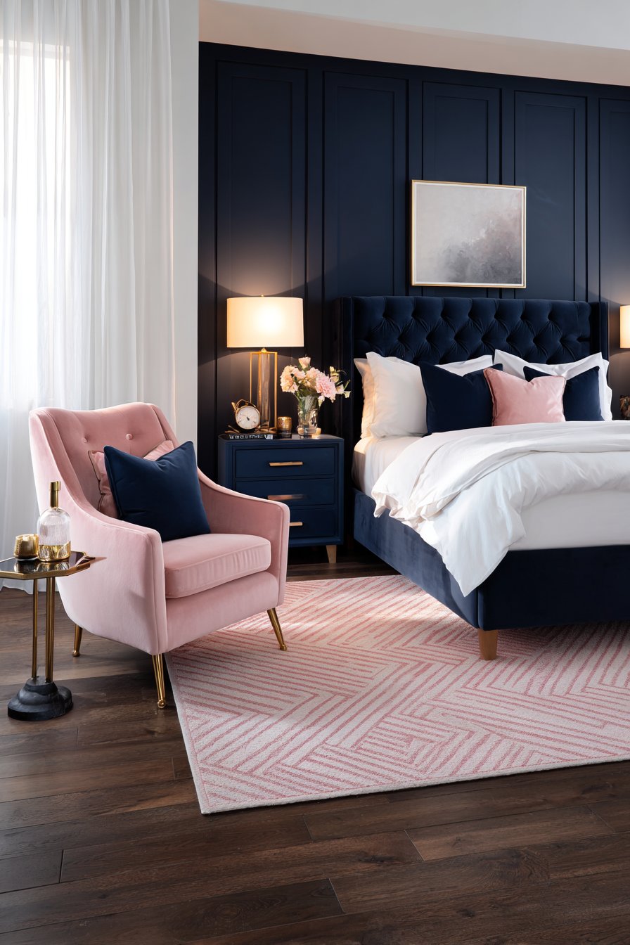 Blush Pink Upholstered Bed with Navy Accent Wall