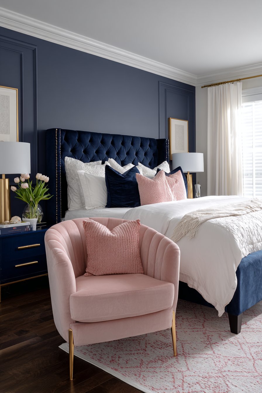 Blush Pink Upholstered Bed with Navy Accent Wall