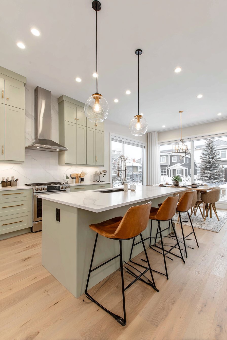 Waterfall-Edge Quartz Island with Sage Green Cabinetry