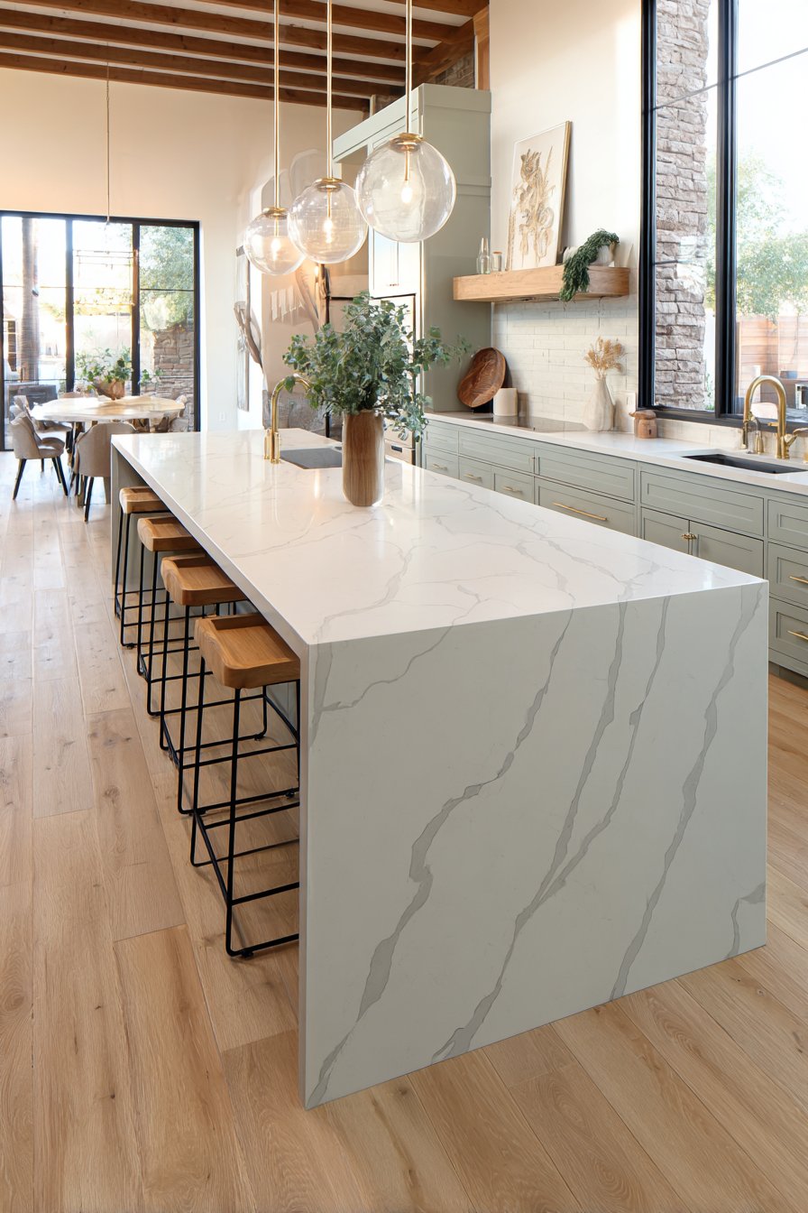 Waterfall-Edge Quartz Island with Sage Green Cabinetry