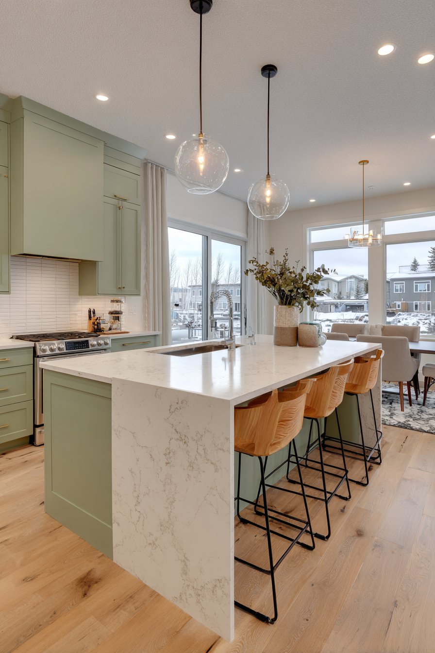 Waterfall-Edge Quartz Island with Sage Green Cabinetry