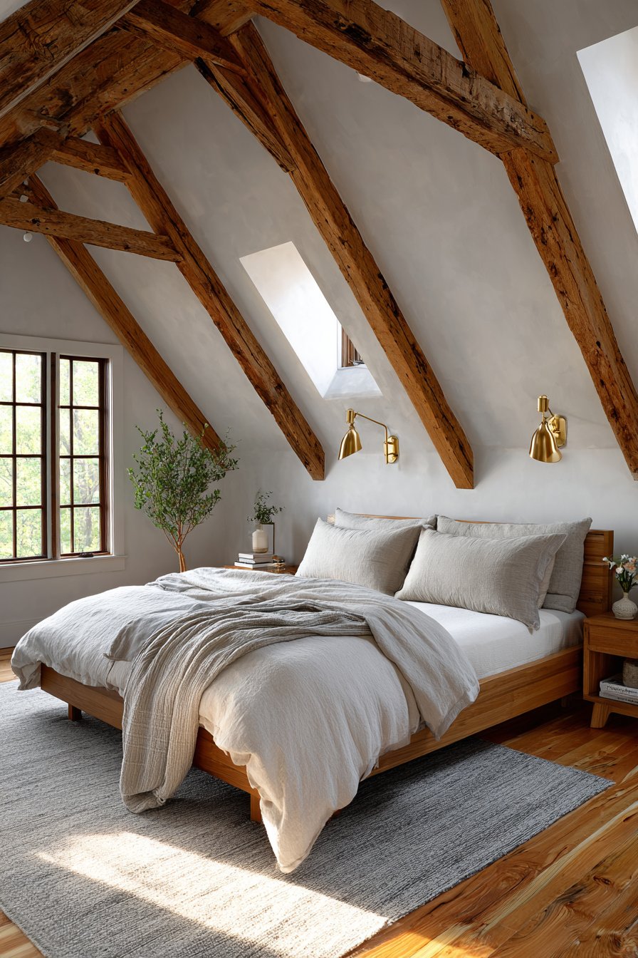 Low-Profile Platform Bed with Natural Wood Beams