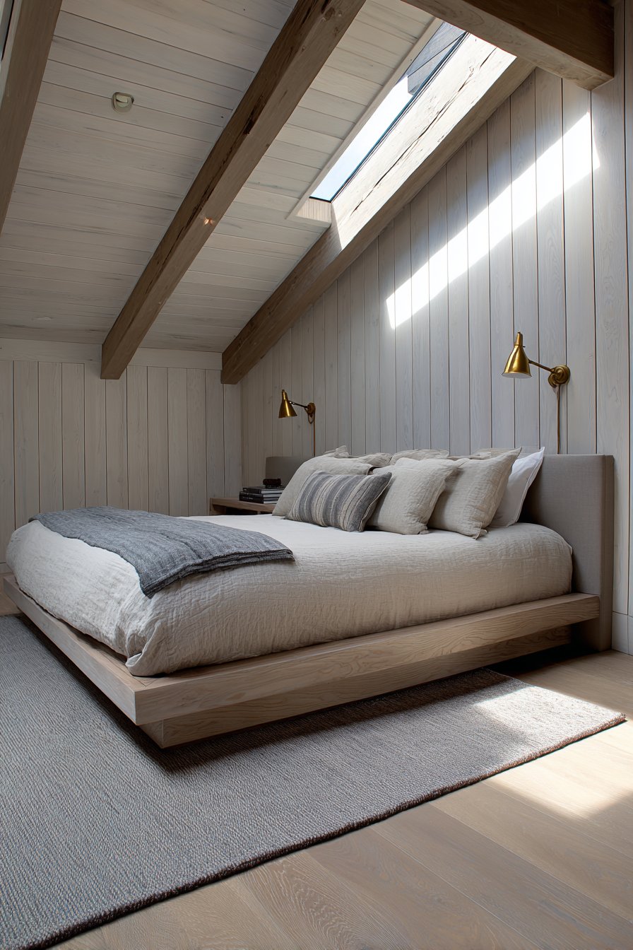 Low-Profile Platform Bed with Natural Wood Beams