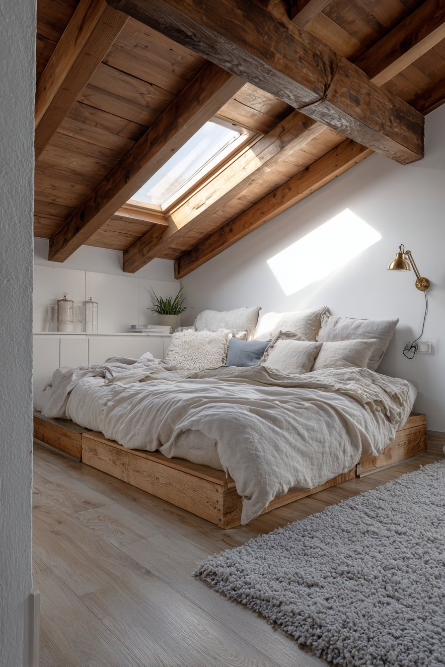 Low-Profile Platform Bed with Natural Wood Beams