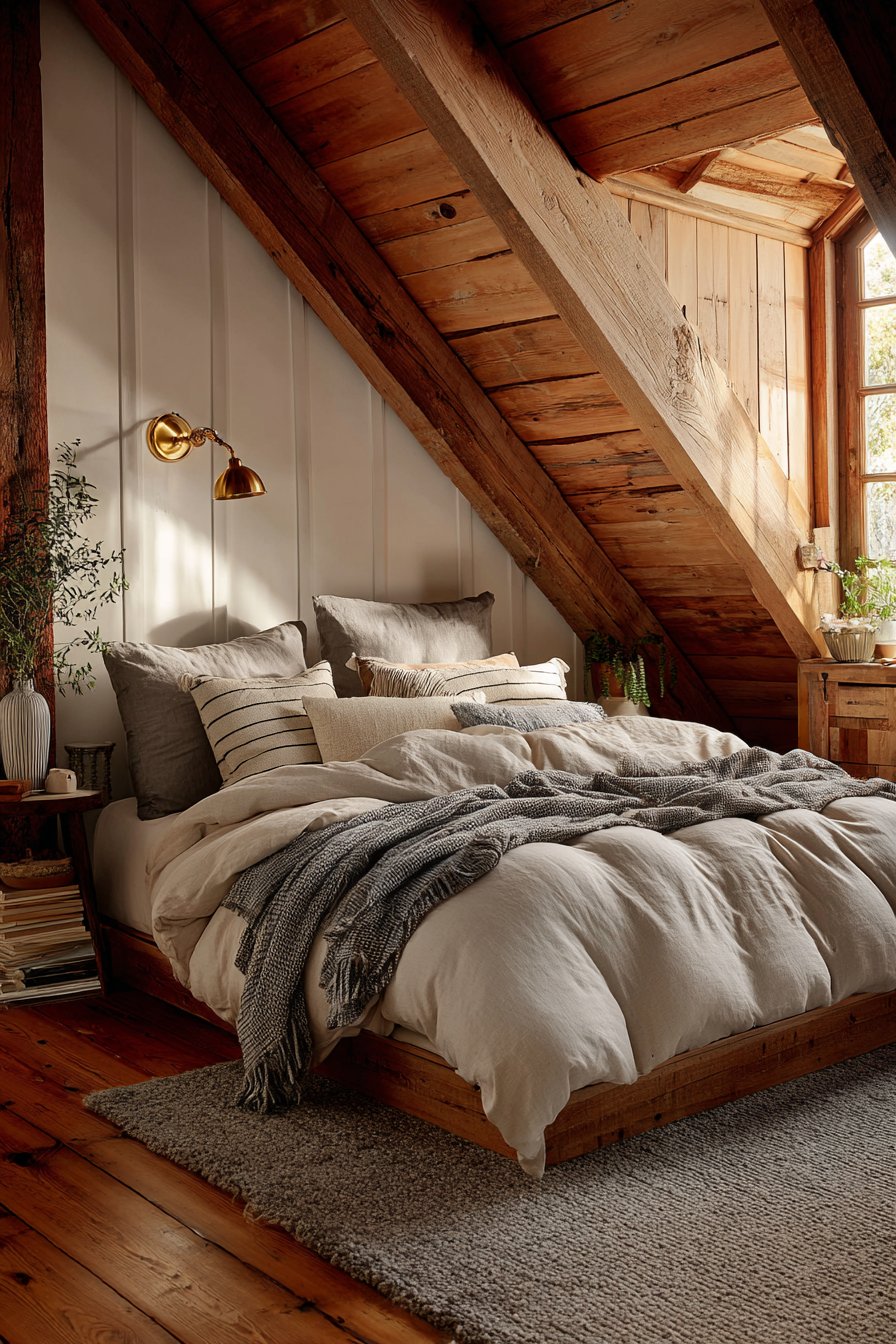 Low-Profile Platform Bed with Natural Wood Beams