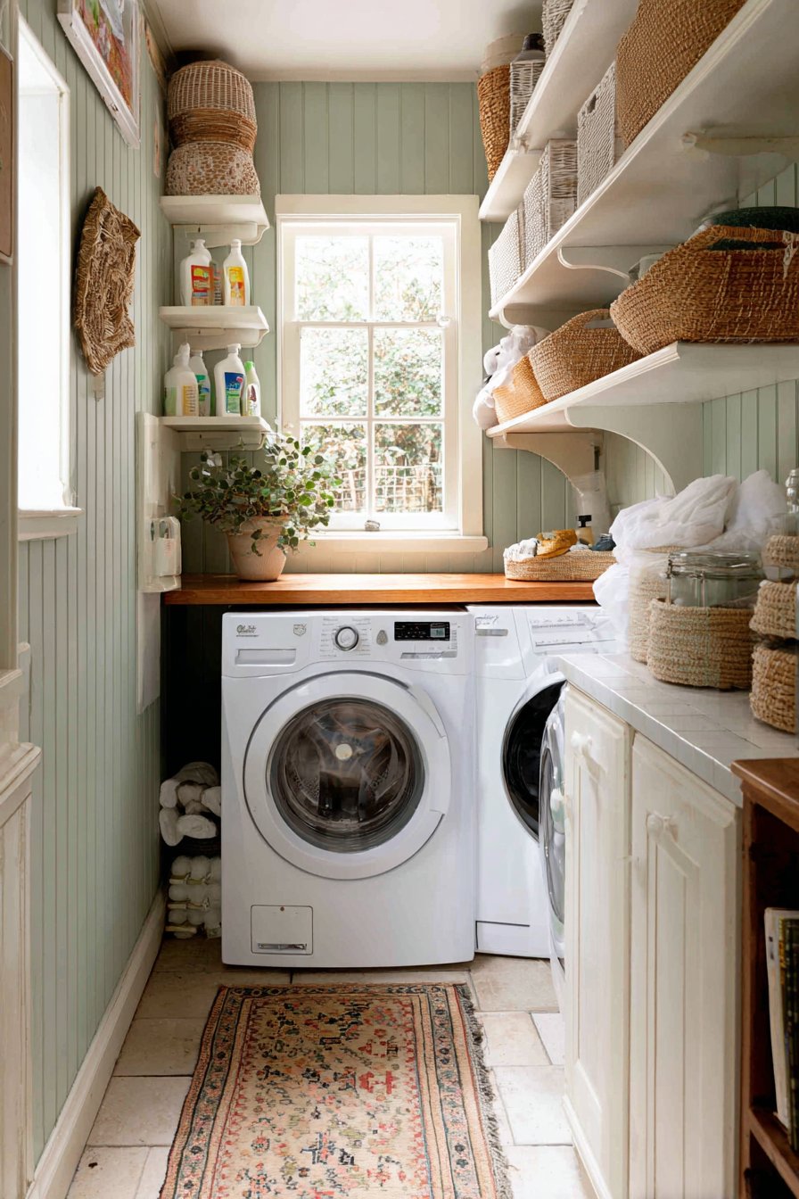 Stacked Appliance Efficiency with Sage Green Accents