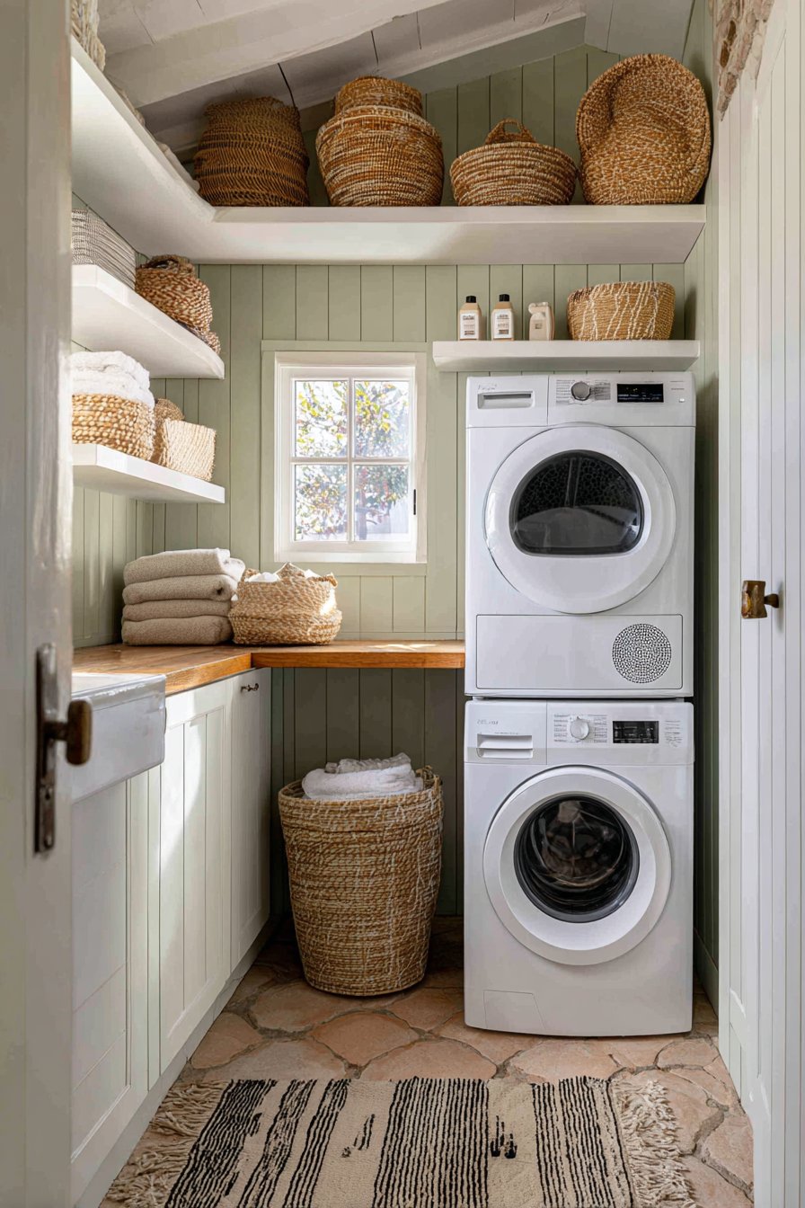 Stacked Appliance Efficiency with Sage Green Accents