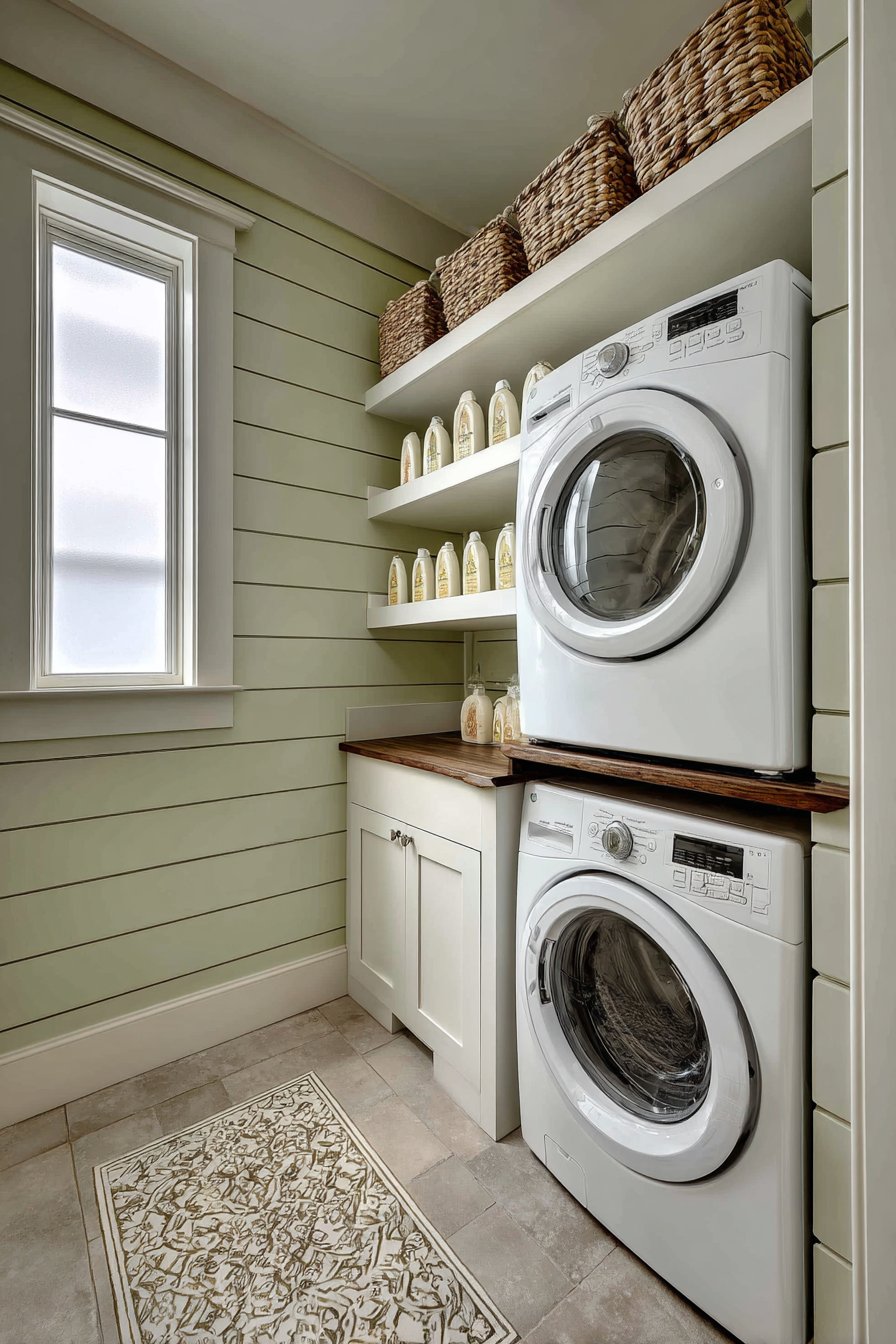 Stacked Appliance Efficiency with Sage Green Accents