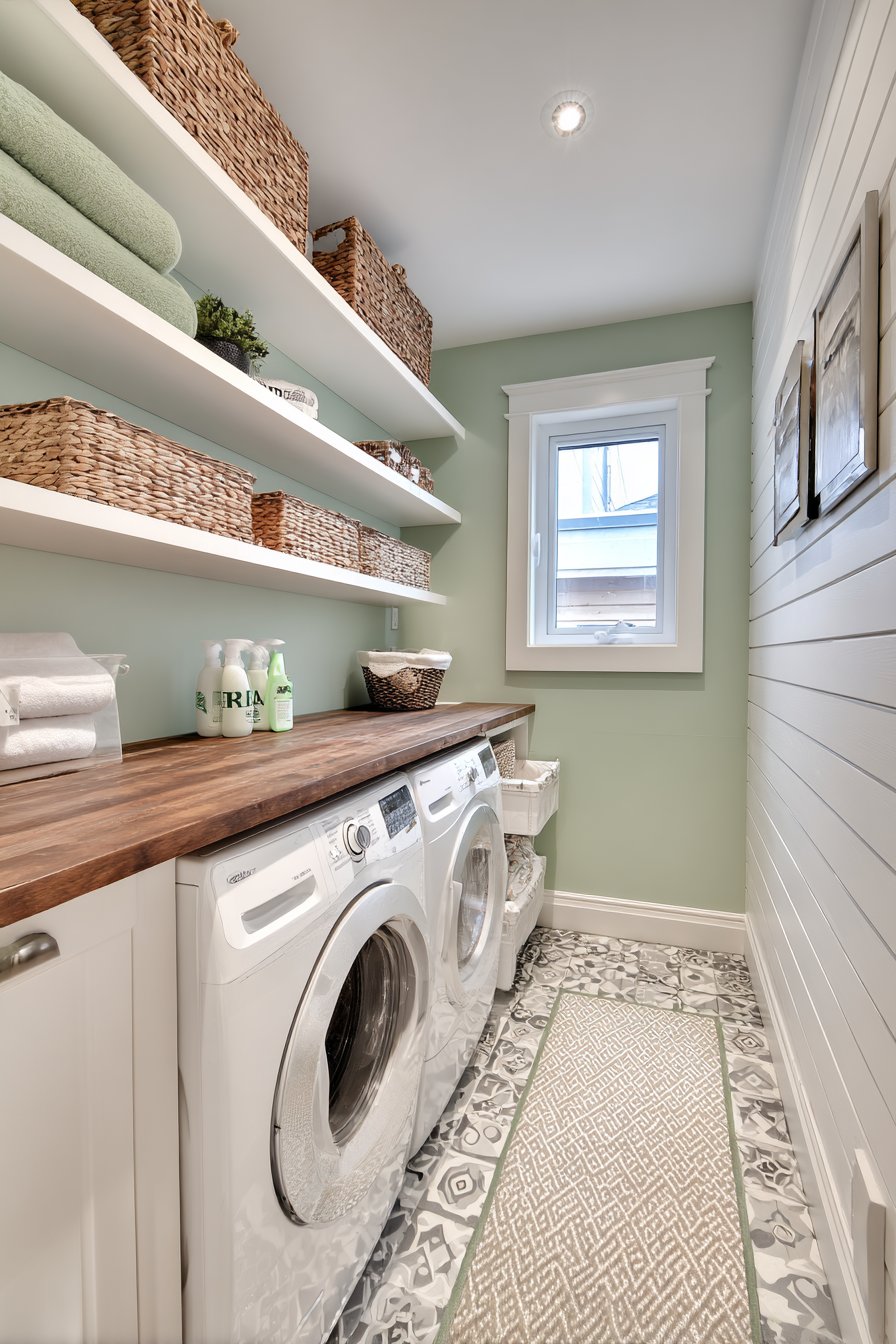 Stacked Appliance Efficiency with Sage Green Accents