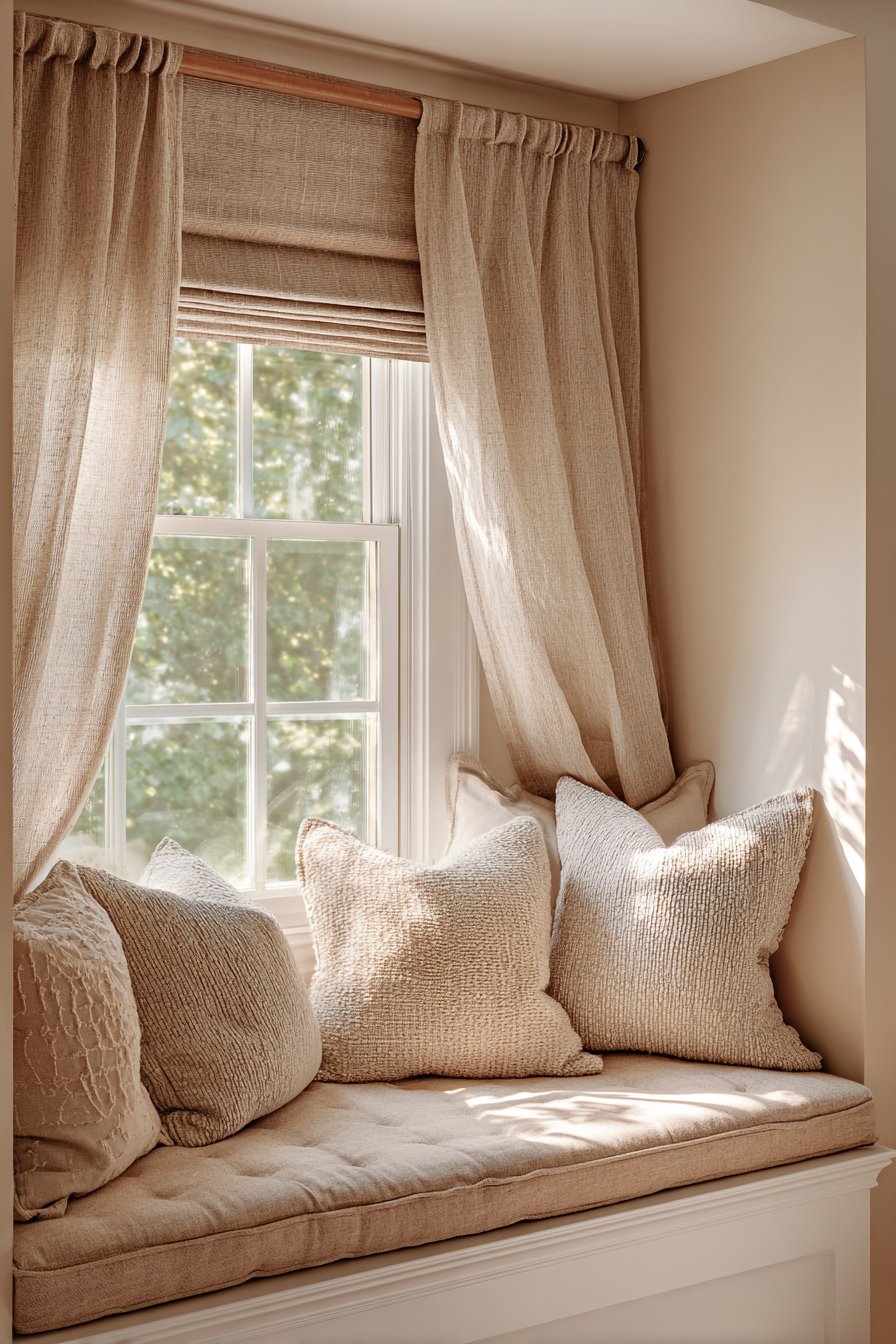 Layered Window Treatment with Built-In Seating