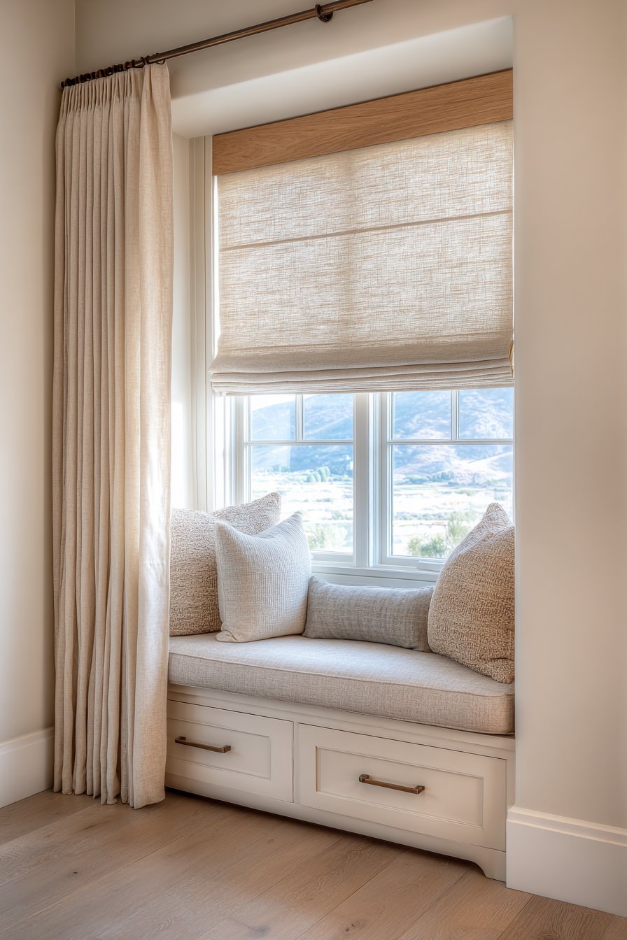 Layered Window Treatment with Built-In Seating