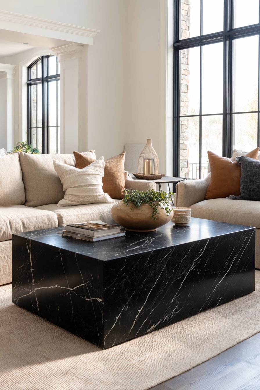 Statement Black Marble Coffee Table Centerpiece