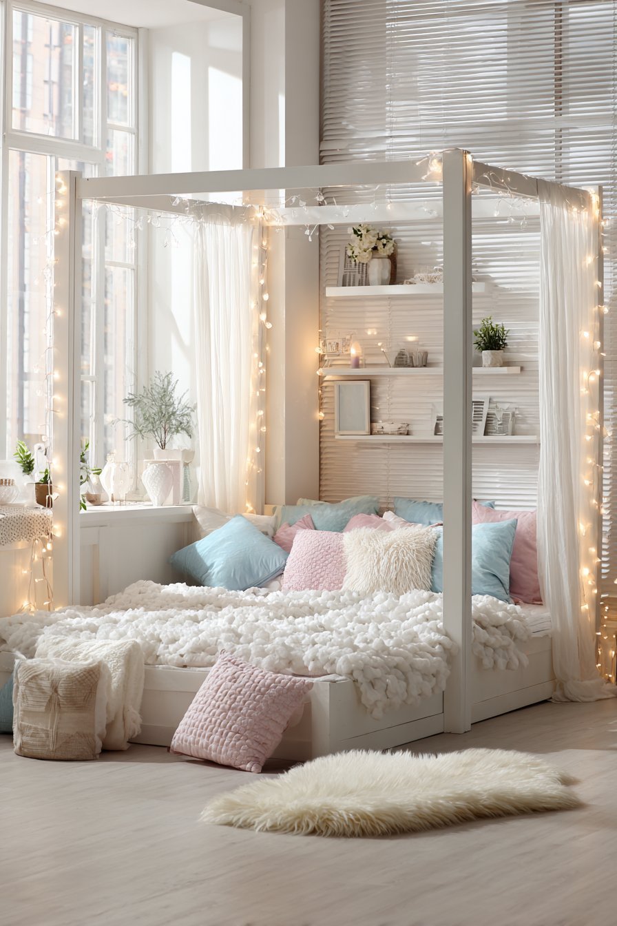 Ethereal Four-Poster Fairy Light Bed