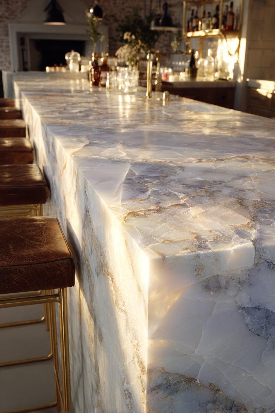 Gold Marble Waterfall Island Kitchen